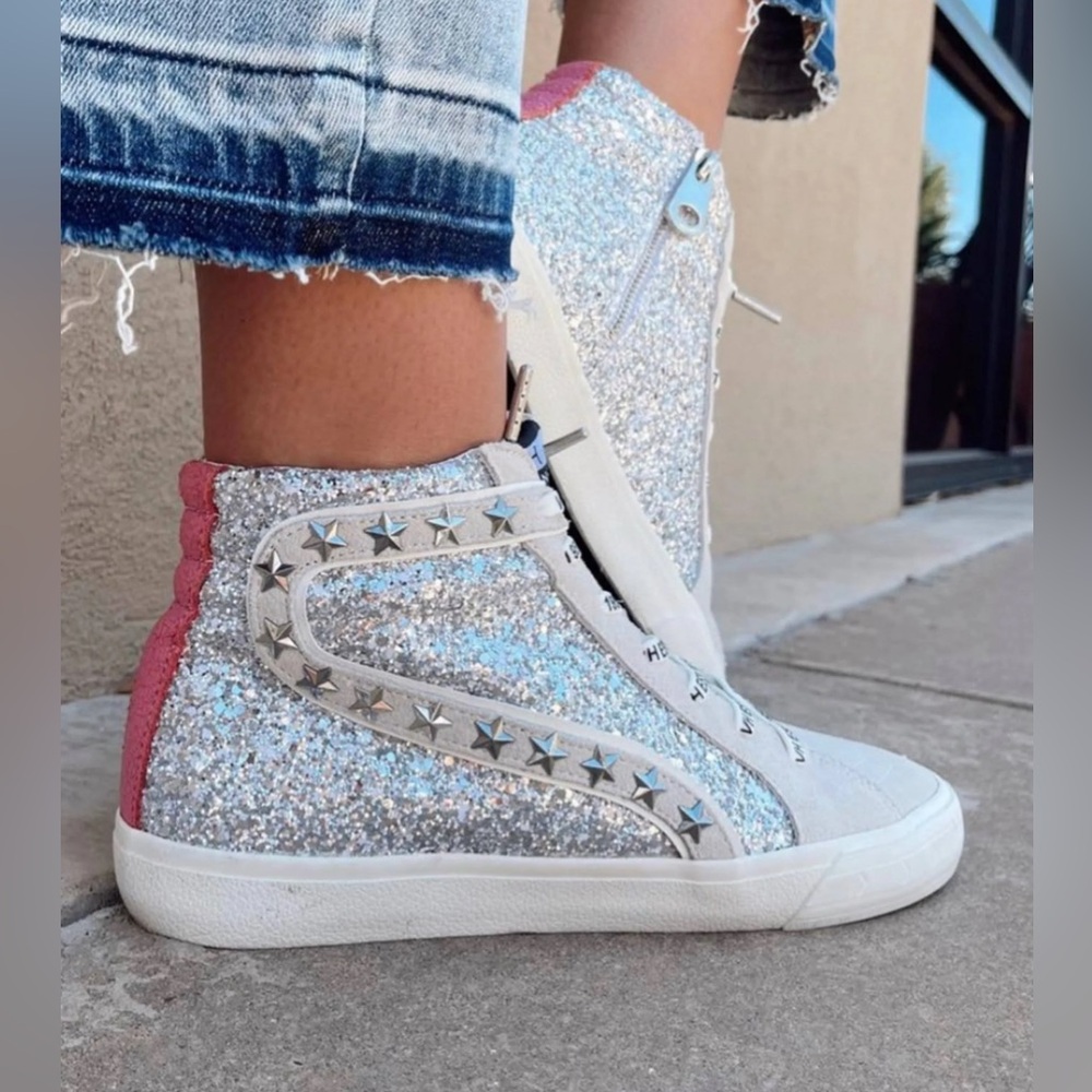 Vintage Havana Womens Ray Glitter High Top‎ Sneakers w/Pink Back Stripe Size 11